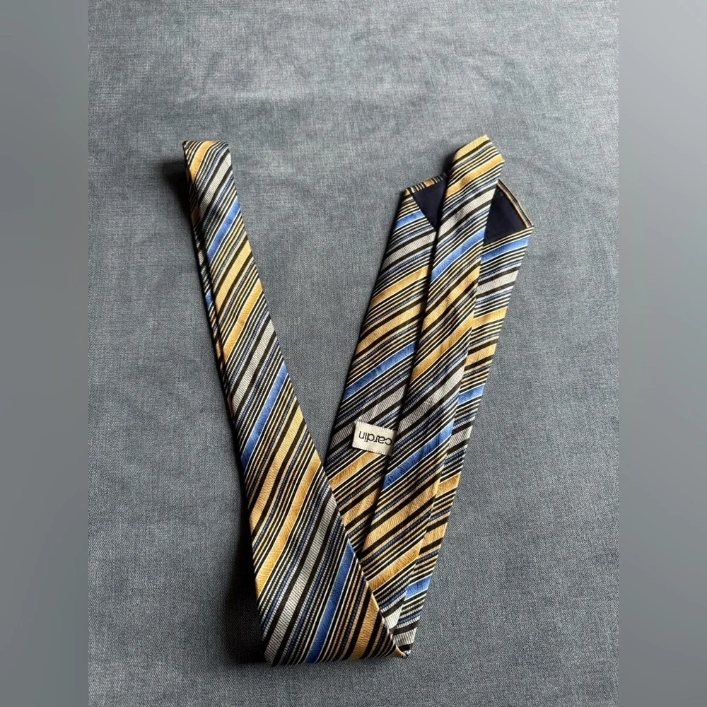 VTG Pierre Cardin Men’s 100% Silk Neck Tie Gold Blue Black Silver Striped Retro